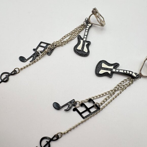 Retro Guitar Musical Note Dangle Earrings Clip On Silver Tone Musician - Picture 6 of 6